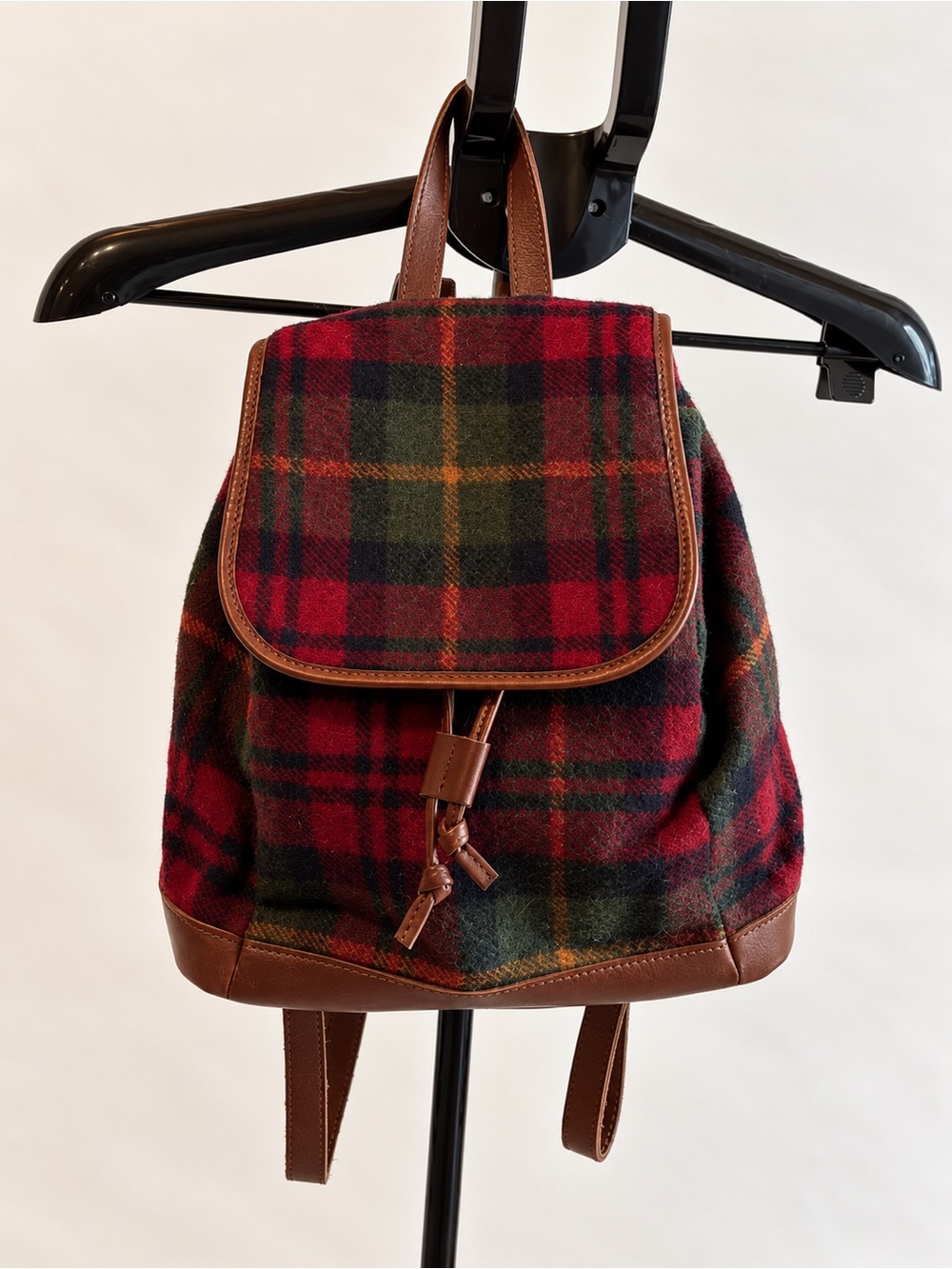 Plaid Wool Backpack with Brown Leather Trim - Red/Green